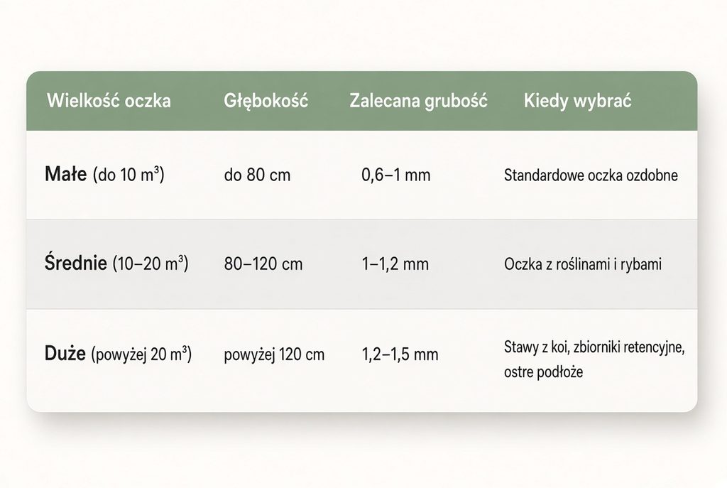 Tabela zalecanych grubości folii PVC do oczka wodnego
