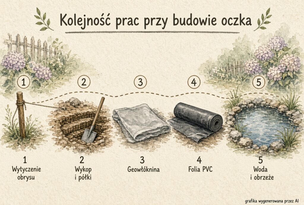 Kolejność prac przy budowie oczka wodnego: wytyczenie, wykop i półki, geowłóknina, folia PVC, woda i obrzeże