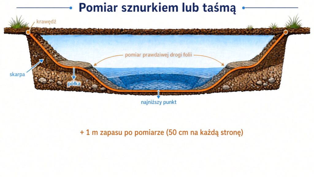 Pomiar folii do oczka taśmą wzdłuż skarpy, półki i dna