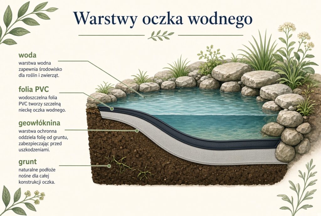 Przekrój oczka wodnego: grunt, cienka geowłóknina, folia PVC i woda